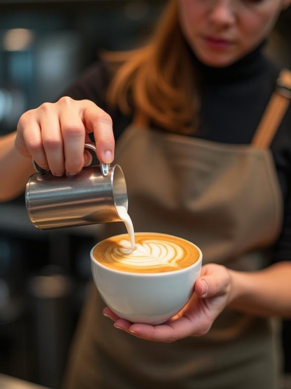 Barista concentré versant du lait pour un latte art, son tablier impeccable et son geste précis.